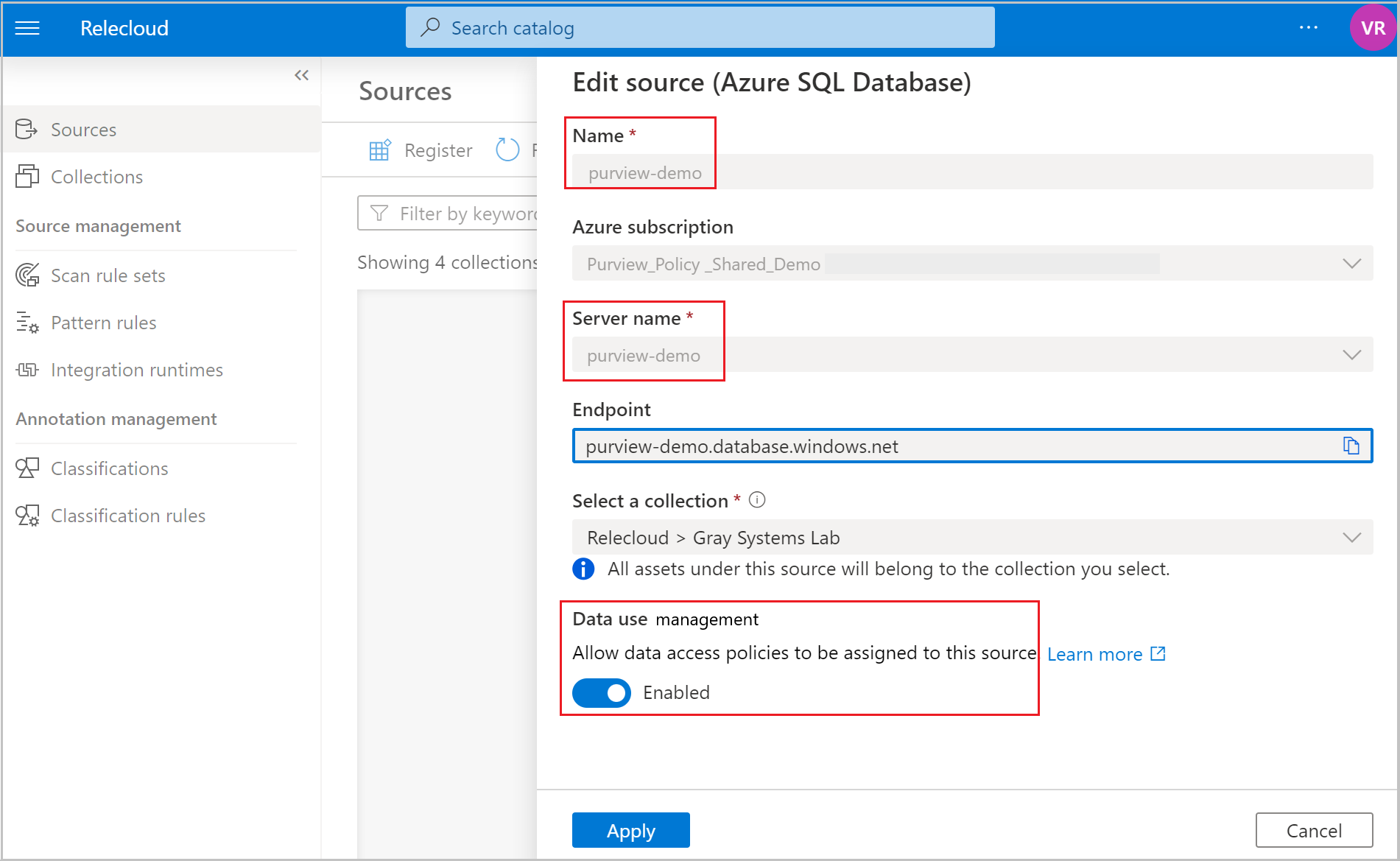 Captura de pantalla que muestra el panel para registrar un origen de datos para una directiva, incluidas las áreas de nombre, nombre del servidor y cumplimiento de directivas de datos.