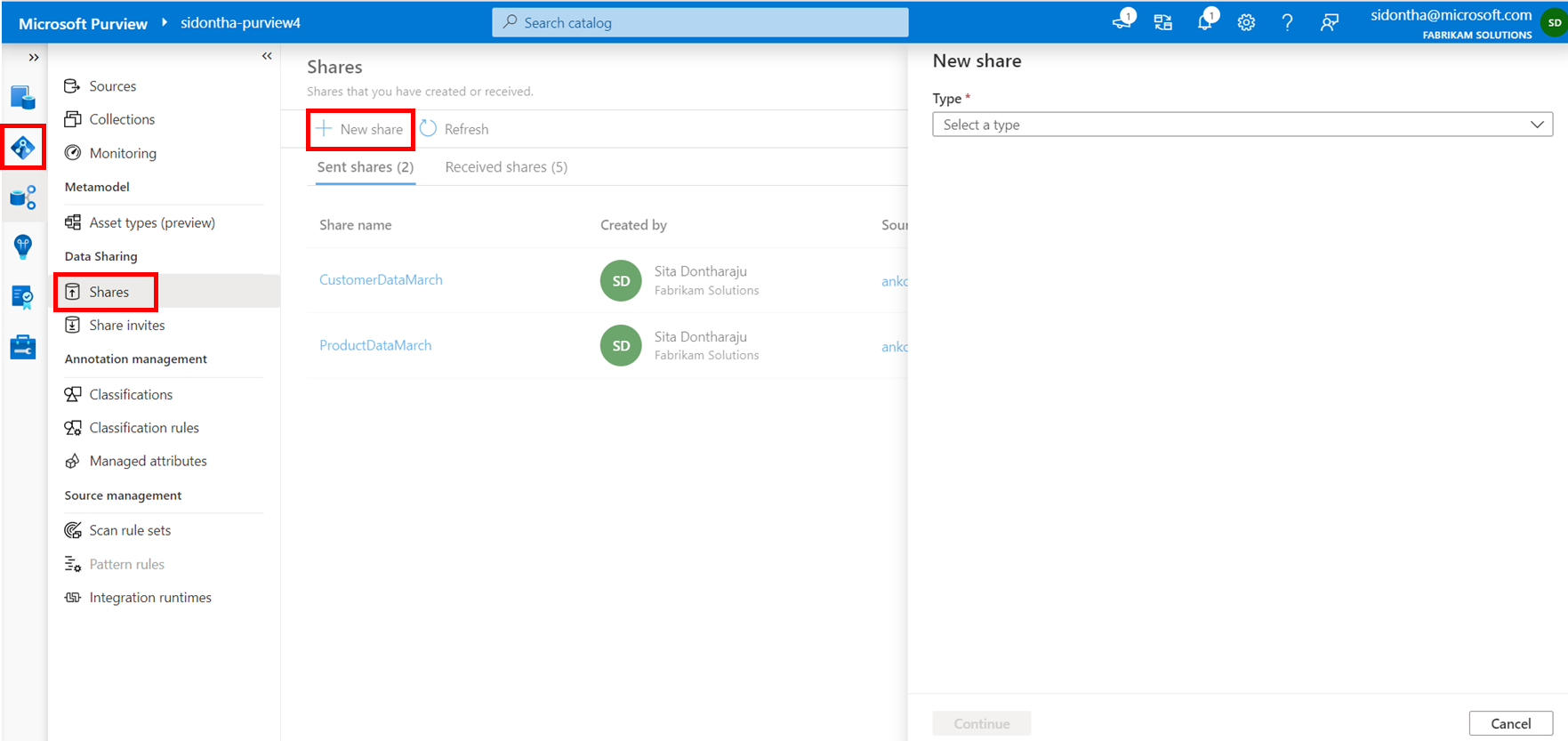 Captura de pantalla que muestra el portal de gobernanza de Microsoft Purview Mapa de datos con mapa de datos, recursos compartidos y nuevo recurso compartido resaltados.