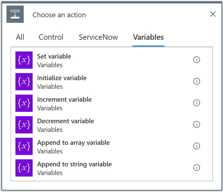 Captura de pantalla de las acciones de variable disponibles, que se muestra en la pestaña Variables del menú Elegir una acción.