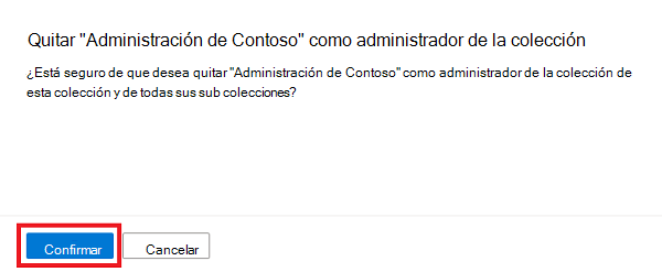 Captura de pantalla de un elemento emergente de confirmación, con el botón Confirmar resaltado.