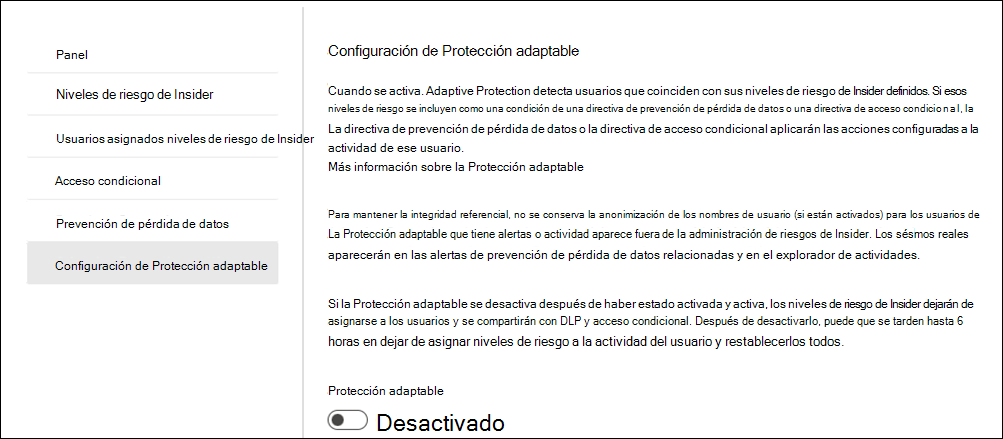 La Protección adaptativa de administración de riesgos internos está habilitada.