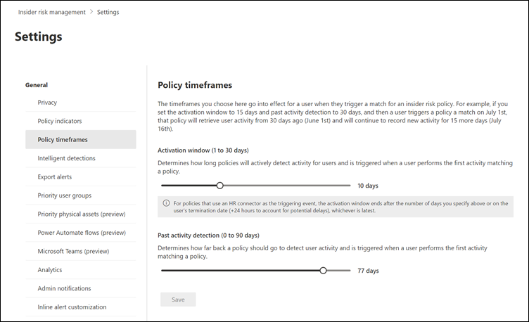 Configuración del período de tiempo de administración de riesgos internos.