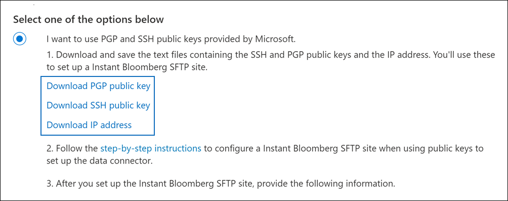 Vínculos para descargar claves públicas y dirección IP.