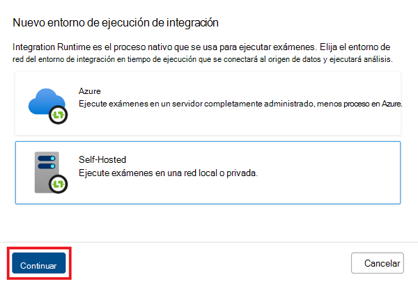 Screenshot of the new integration runtime window, with self-hosted selected.