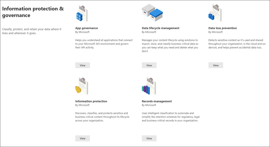 Sección de gobernanza y protección de la información del catálogo de soluciones de Microsoft Purview.