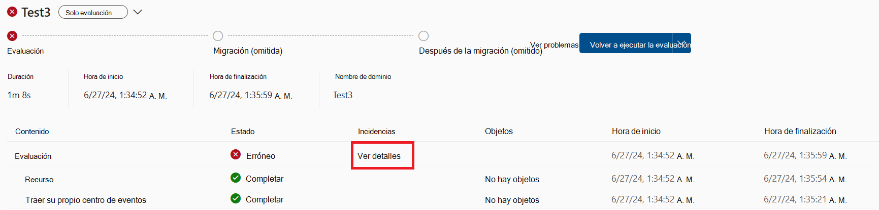 Captura de pantalla de la vista de resumen de combinación con los botones de detalles de la vista para las ejecuciones de combinación.