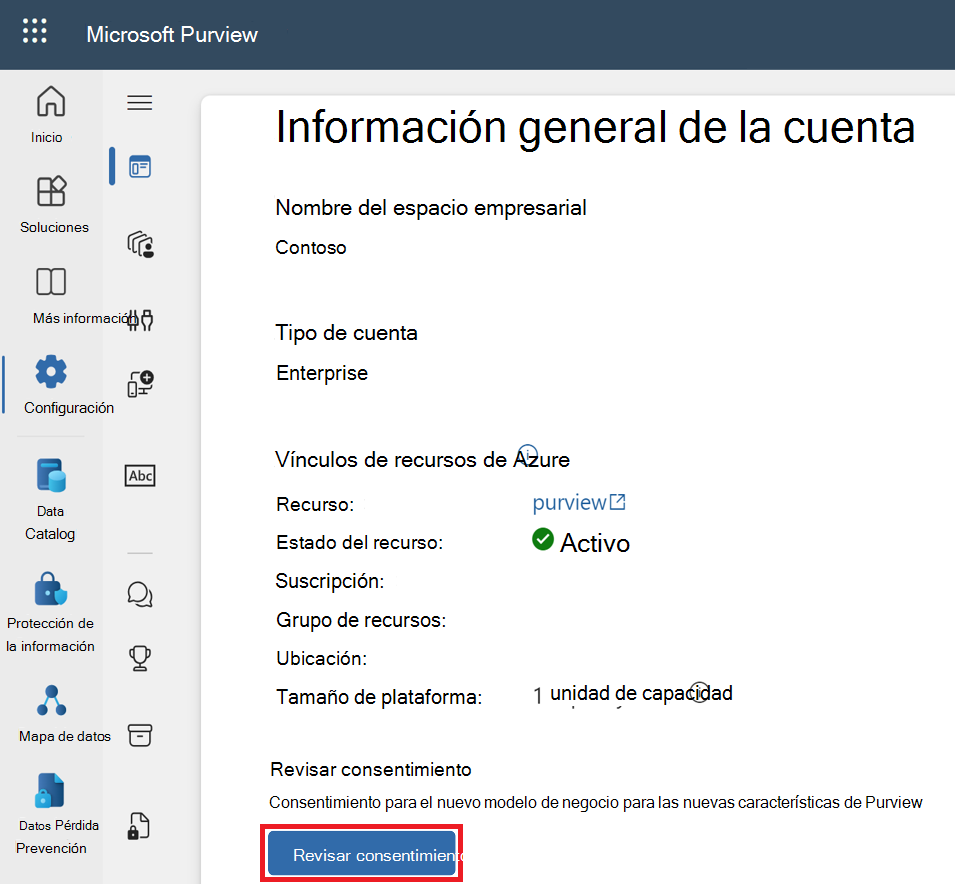 Captura de pantalla de la configuración de información general de la cuenta, en la que se muestra el botón Revisar consentimiento que puede usar más adelante.