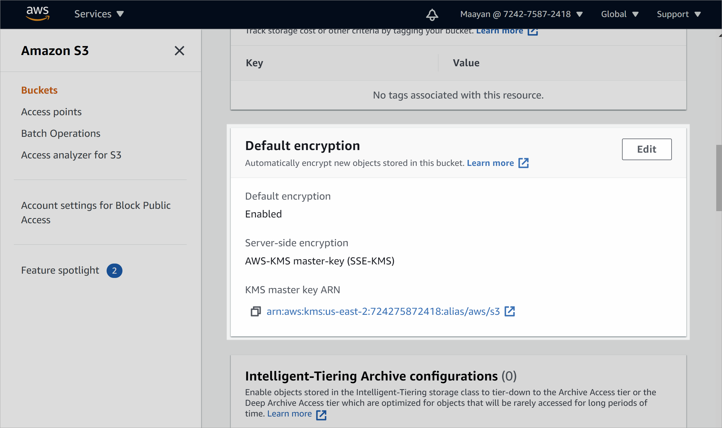 Visualización de un bucket de Amazon S3 configurado con cifrado AWS-KMS