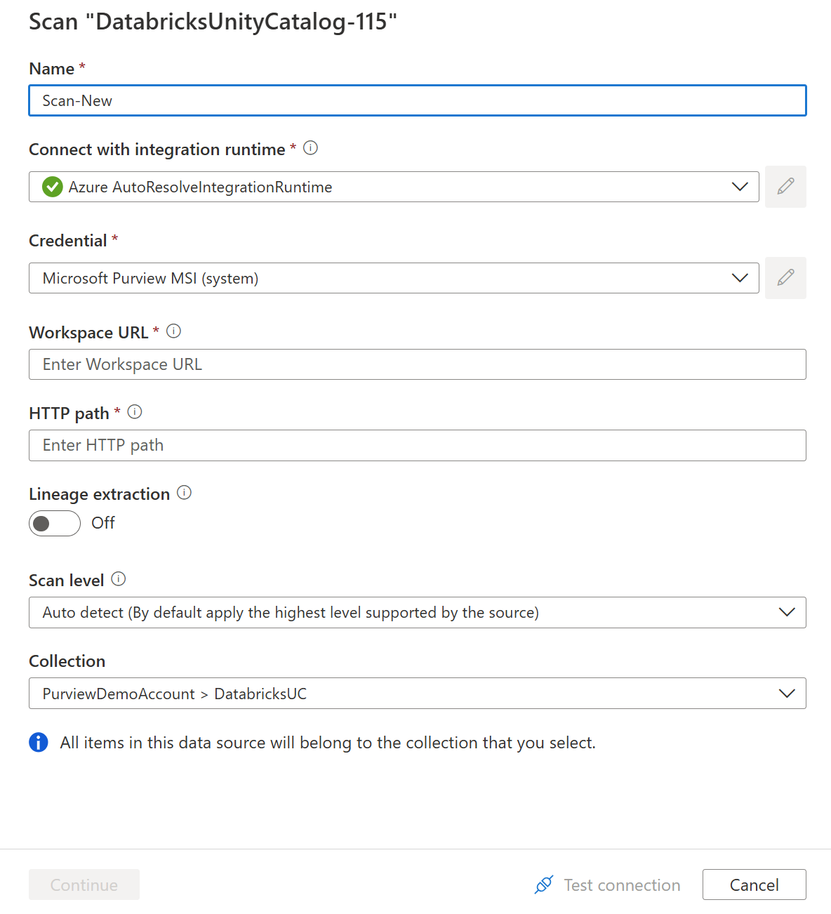 Captura de pantalla de la configuración del examen del catálogo de Azure Databricks Unity.