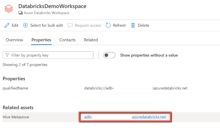 Captura de pantalla de la búsqueda del metastore de Hive asociado con el origen de Azure Databricks.