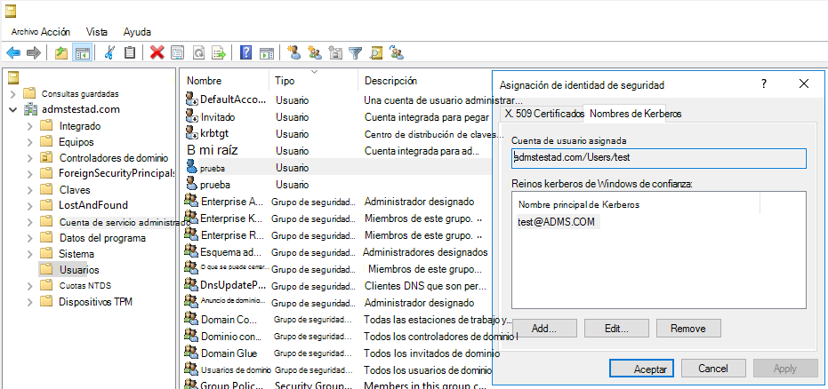 Captura de pantalla del panel Asignación de identidades de seguridad.