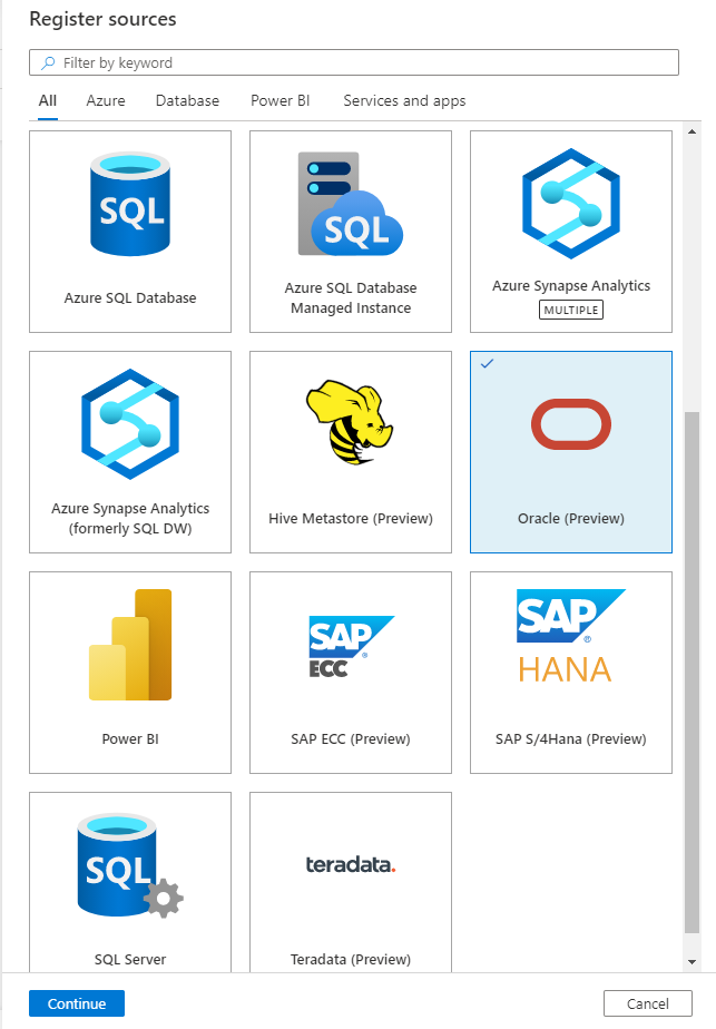 Captura de pantalla del menú Registrar orígenes en el Mapa de datos de Microsoft Purview.