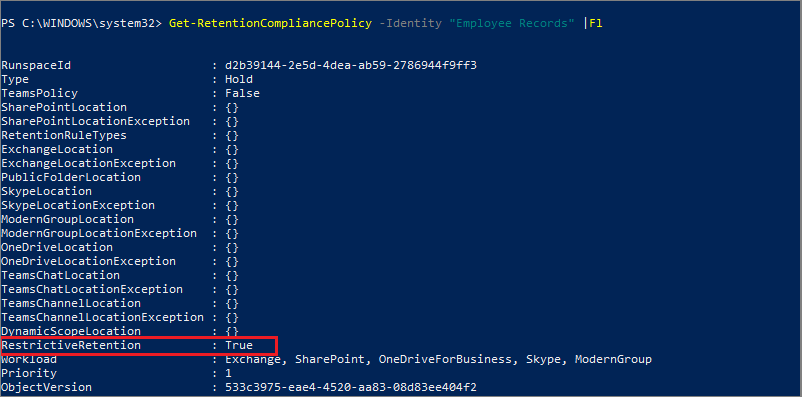 Directiva bloqueada con todos los parámetros visibles en PowerShell.