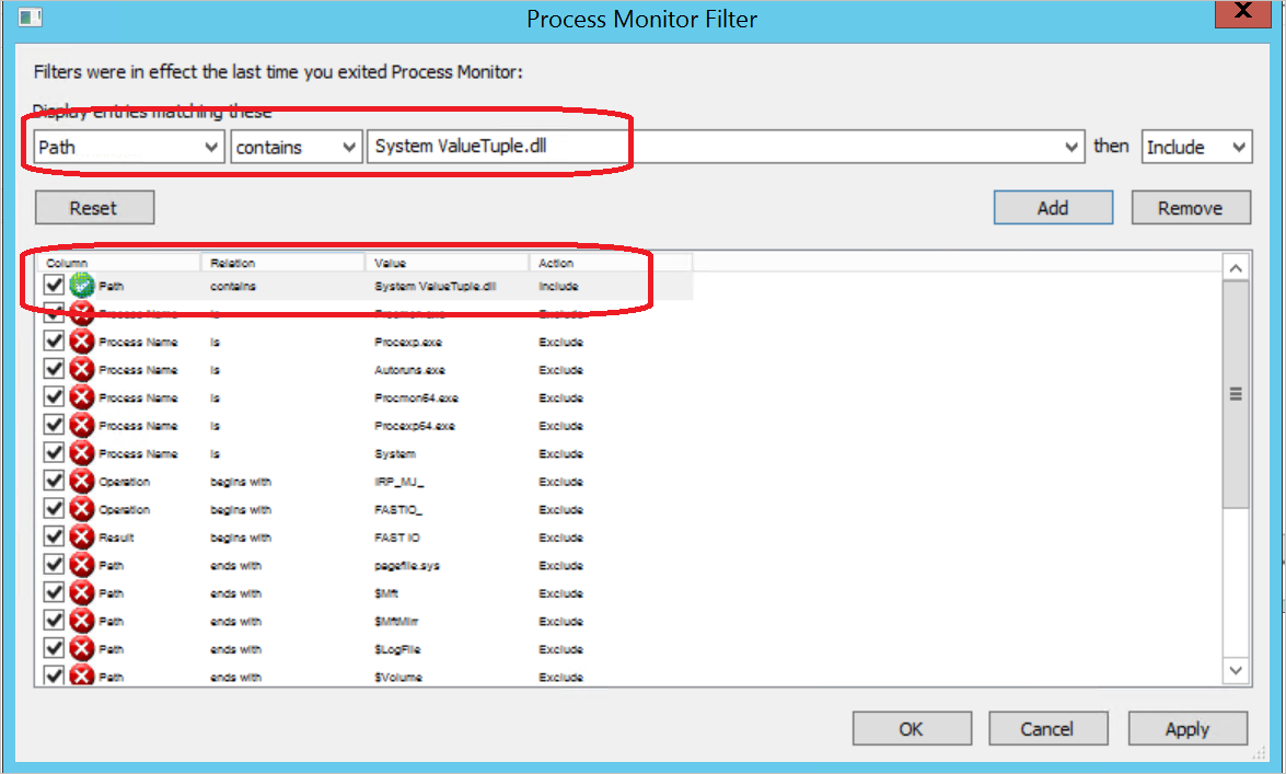 Captura de pantalla del &cociente; Process Monitor Filter&quot; page, enumera los filtros del archivo DLL.