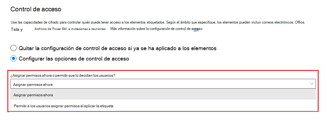 Opciones para seleccionar permisos definidos por el administrador o permisos definidos por el usuario.