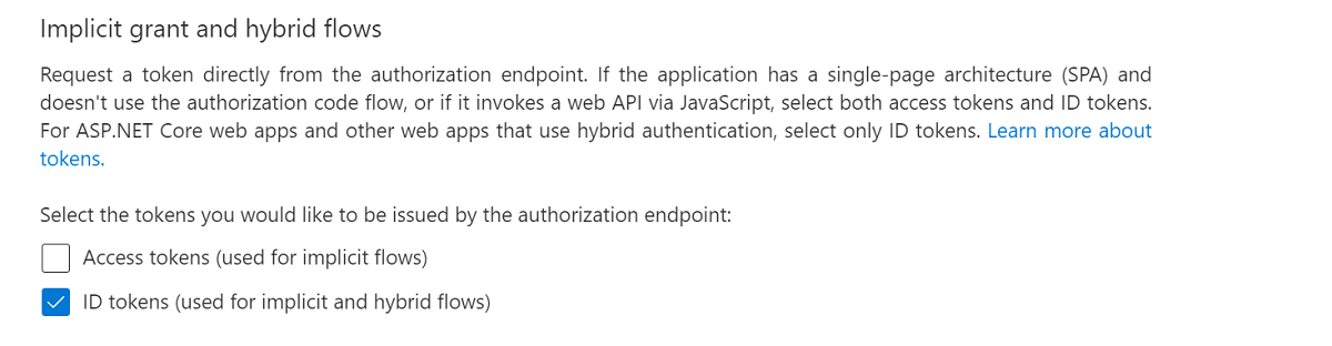 Captura de pantalla de los flujos híbridos del token de identificador.