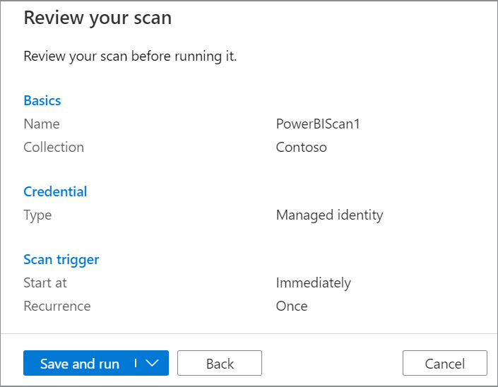 Captura de pantalla de Guardar y ejecutar el origen de Power BI mediante Identidad administrada.