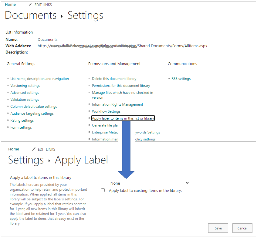 Aplique la etiqueta predeterminada para una biblioteca de SharePoint.