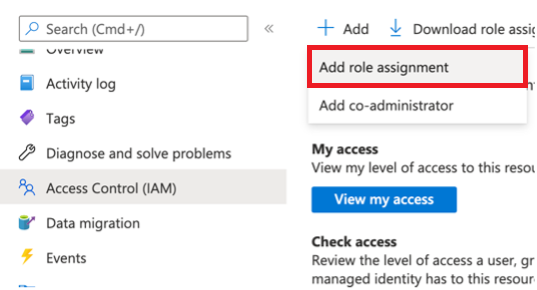 Captura de pantalla del menú Access Control de la cuenta de almacenamiento con el botón Agregar seleccionado y, a continuación, agregar asignación de roles seleccionado.
