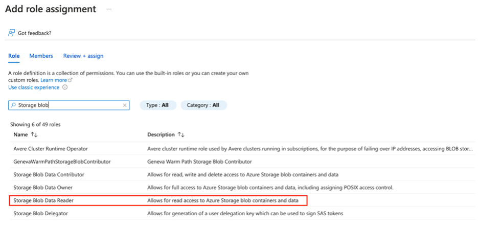 Captura de pantalla del menú Agregar asignación de roles, con lector de datos de Storage Blob seleccionado en la lista de roles disponibles.