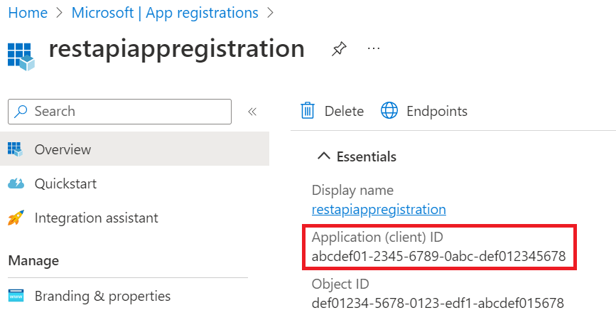 Captura de pantalla de la página de la aplicación en el portal con el identificador de aplicación (cliente) resaltado.