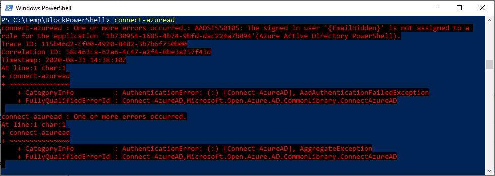 Error de PowerShell para la autenticación de Azure AD v2.