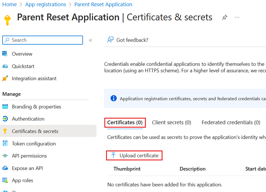 Captura de pantalla que muestra la ubicación de Carga de certificados.