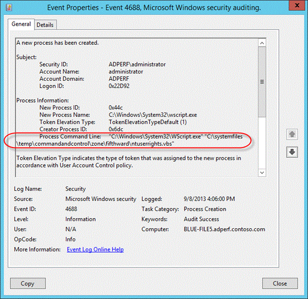 Otro ejemplo de captura de pantalla del evento de auditoría 4688.
