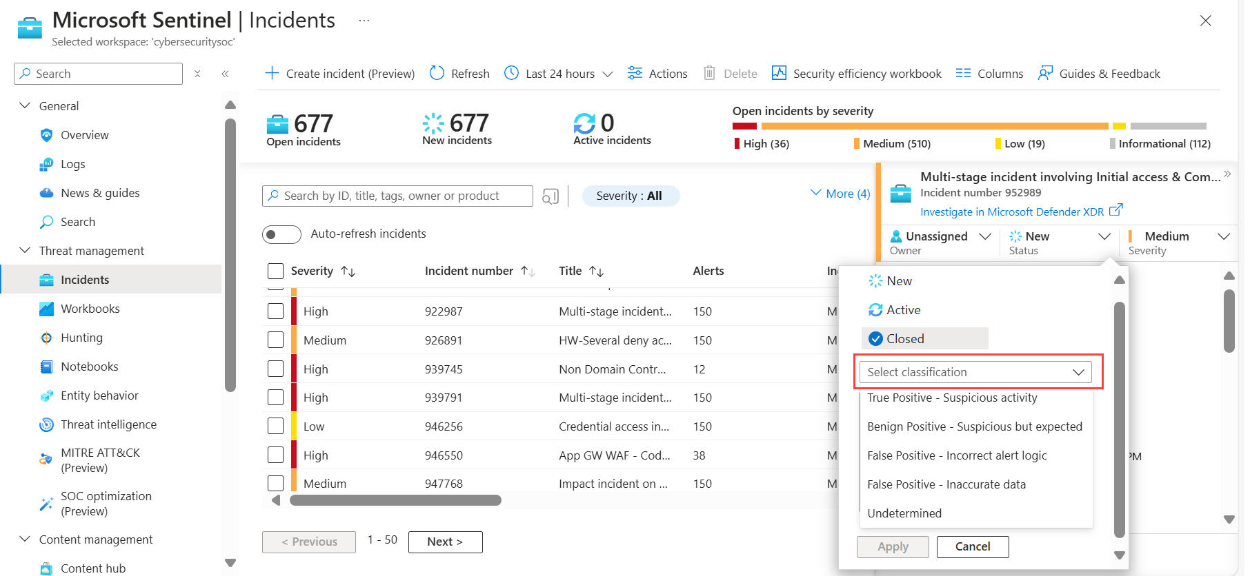 Screenshot of resolving an incident in Microsoft Sentinel.