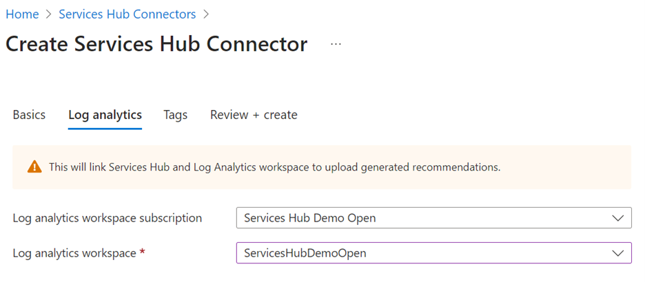 Cómo completar la pestaña de Log Analytics.