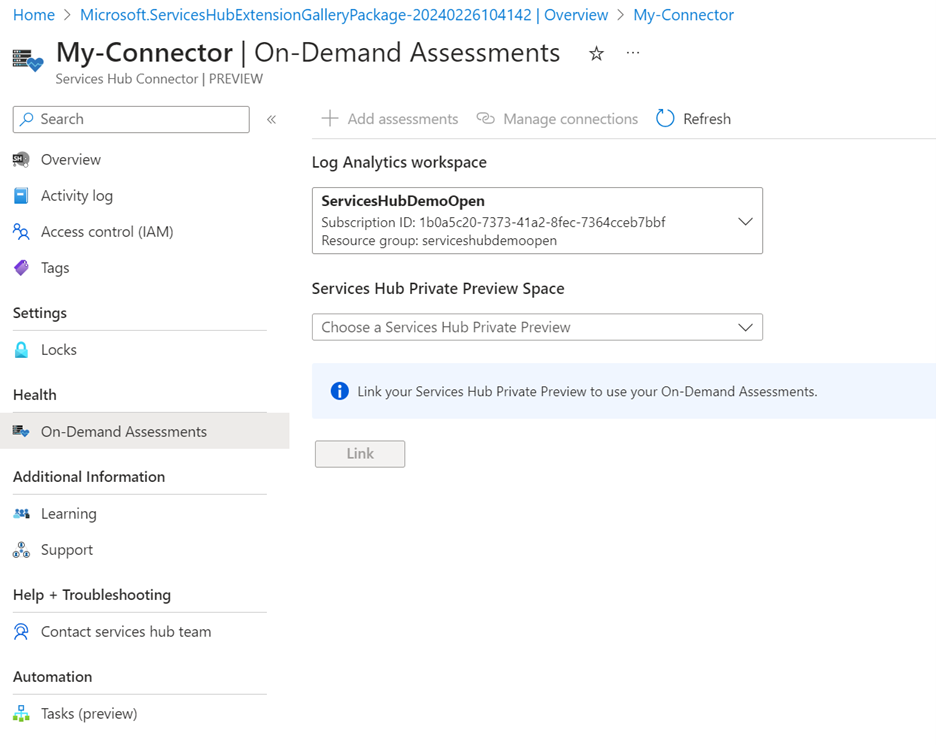 La página de información general de un nuevo recurso del conector de Microsoft Engage Center.