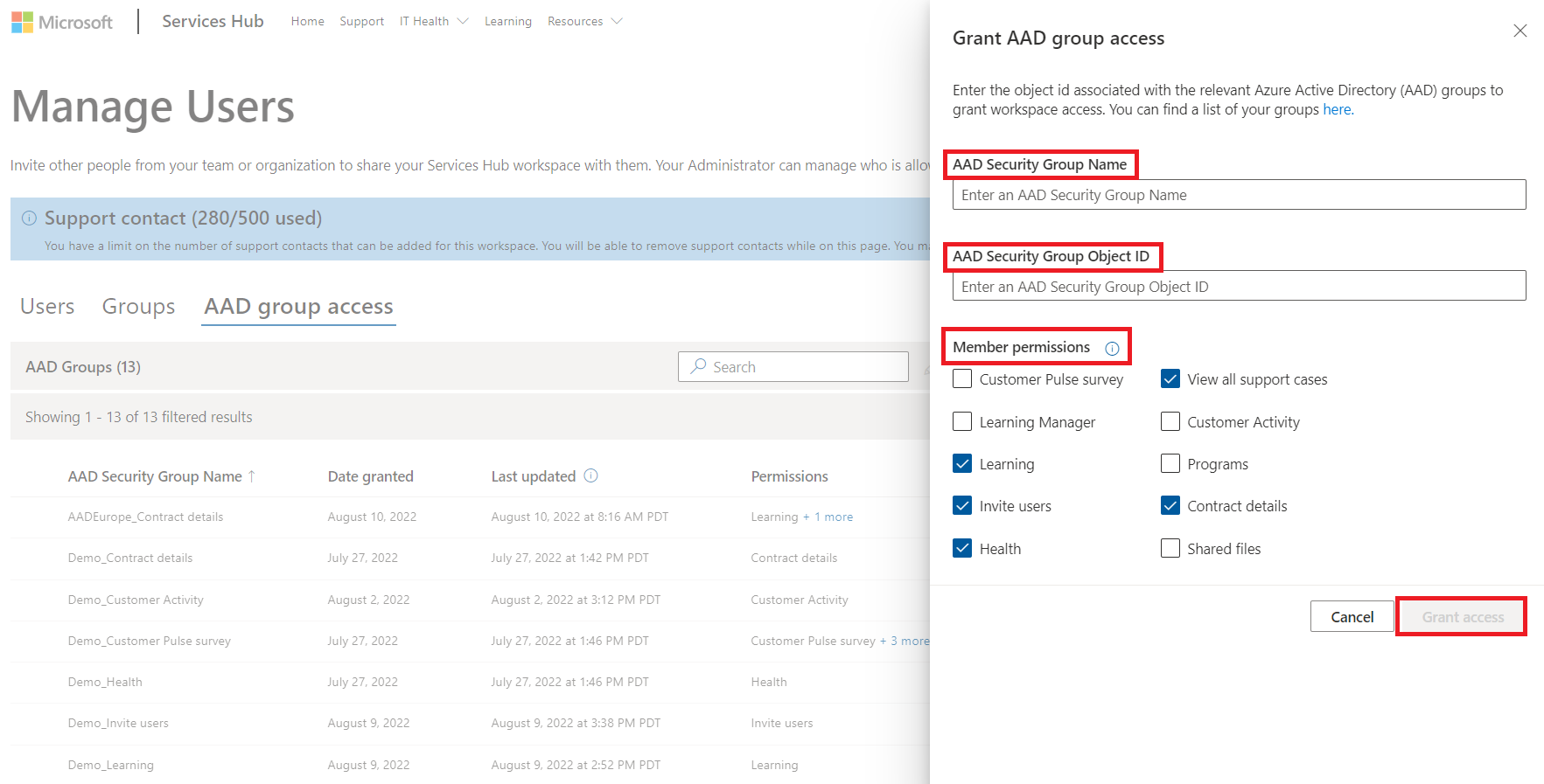 Imagen que muestra el panel Otorgar acceso a los grupos de Microsoft Entra abierto en la pantalla con varios permisos seleccionados.