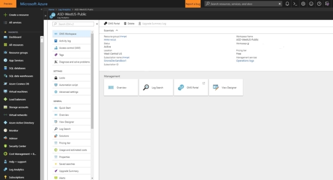 Ventana de Microsoft Azure Portal, que muestra una lista de áreas de trabajo de Log Analytics dentro de la organización del usuario.