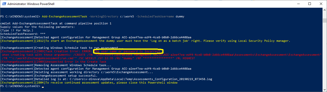 Ventanas de PowerShell que muestran el mensaje de error del usuario.