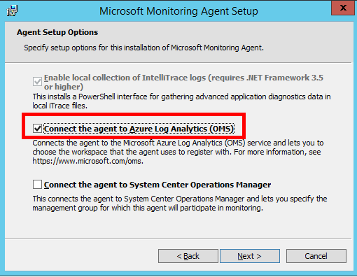 La ventana Configuración de Microsoft Monitoring Agent, que muestra que la opción Conectar el agente a Azure Log Analytics O M S está seleccionada.