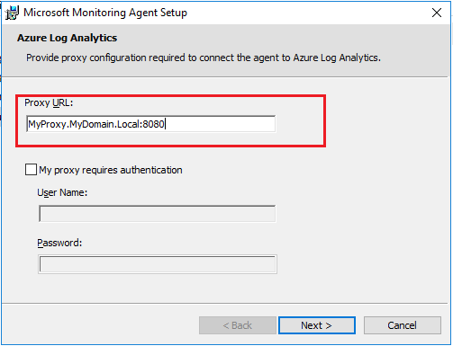 La ventana Configuración de Microsoft Monitoring Agent, que muestra que el proxy U R L se ha rellenado con la información del servidor proxy.