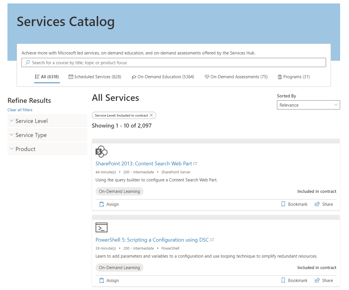 Una lista de servicios incluidos en el contrato,