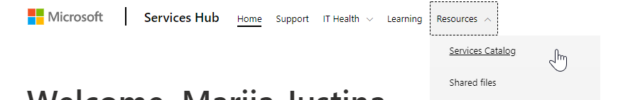 Dónde seleccionar Catálogo de servicios desde Recursos en el menú de navegación principal del Services Hub.