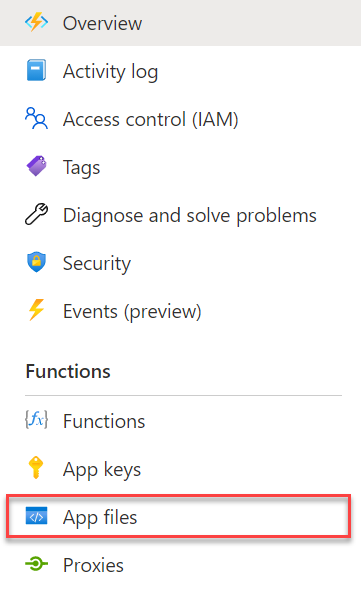 Captura de pantalla de Function App con la entrada Archivos de aplicación destacada en el menú