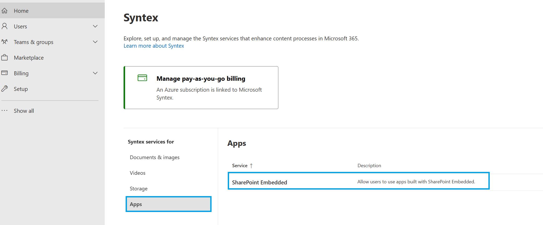 Microsoft 365 Centro de administración de SharePoint Embedded Billing setting (Configuración de facturación incrustada de SharePoint)