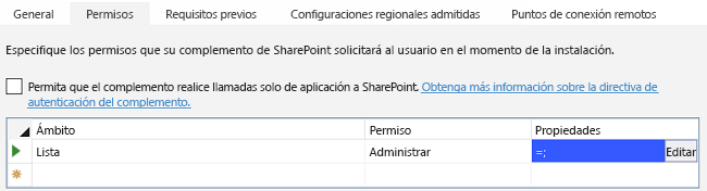 Lista de permisos en la pestaña Permisos del complemento de Visual Studio del diseñador de manifiestos con el botón Editar visible en la celda de la columna Propiedades