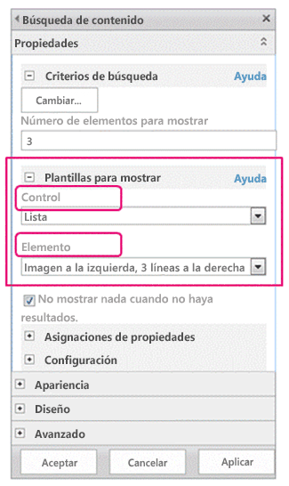 Panel de herramientas del elemento web Búsqueda de contenido