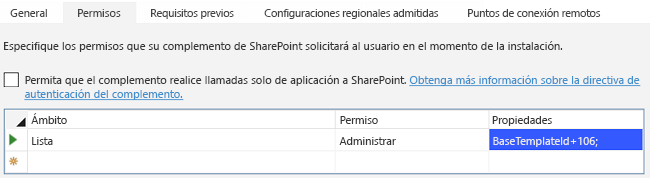 La pestaña Permisos del complemento de diseñador de manifiestos en Visual Studio que muestra que el complemento quiere el permiso de Administración para las listas que tengan el tipo base 106.