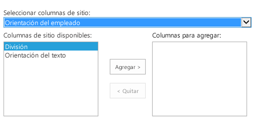 Control de selección de columnas de SharePoint, con la opción “Orientación para empleados” seleccionada en la lista desplegable con la etiqueta Seleccionar columnas de sitio.