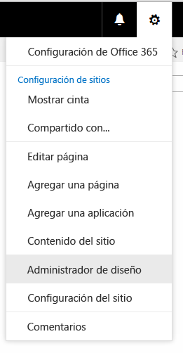 El menú que se abre cuando se hace clic en el icono de engranaje en un sitio de publicación. Un elemento es el Administrador de diseño.