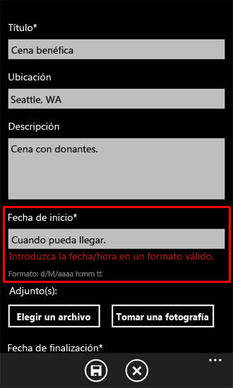 Indicación de error de validación en una aplicación de Windows Phone