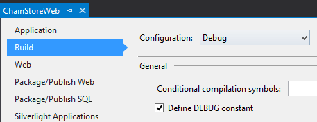 La subpestaña Compilar de la pestaña Propiedades de Visual Studio. La lista desplegable Configuración se establece en Depurar. La casilla de verificación 