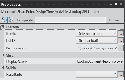 Panel Propiedades de la actividad de flujo de trabajo del elemento de lista de búsqueda con las propiedades DisplayName, ListID e ItemID establecidas