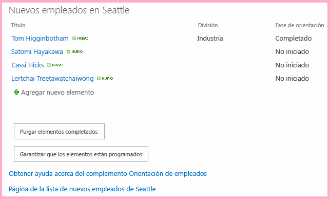 Página principal de “Orientación para empleados” con un nuevo botón agregado que tiene la etiqueta “Comprobar que los elementos estén programados”.