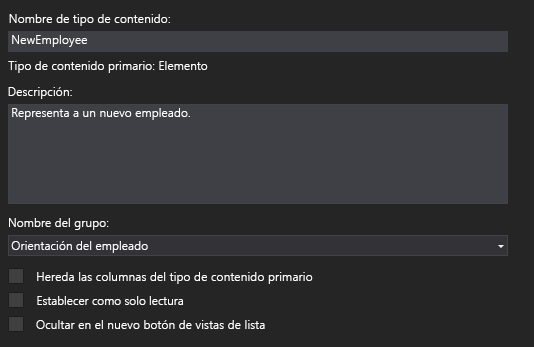 El Diseñador del tipo de contenido donde se muestra “NewEmployee” como el nombre del tipo, “Representa a un nuevo empleado” como la descripción y “Orientación para empleados” como el grupo.